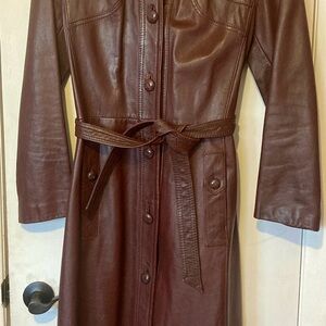 Brown Leather Long Belted Jacket